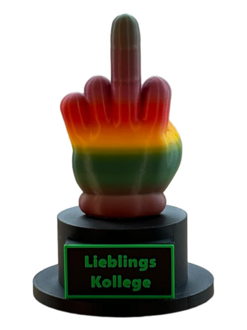 Mittelfinger Statue als Trophäe mit Beschriftungstafel in buntem Farbverlauf