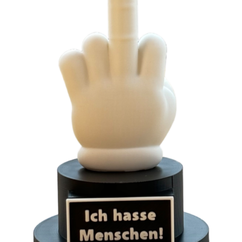 Mittelfinger Statue als Trophäe mit Beschriftungstafel in matt weiß
