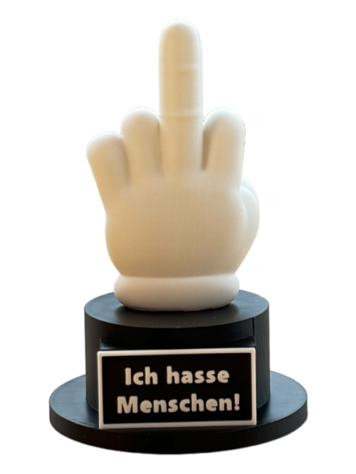 Mittelfinger Statue als Trophäe mit Beschriftungstafel in matt weiß