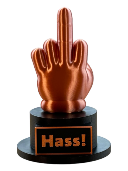 Mittelfinger Statue als Trophäe mit Beschriftungstafel in Farbe Kupfer