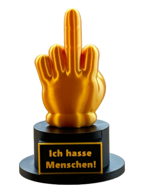 Mittelfinger Statue als Trophäe mit Beschriftungstafel in Farbe Gold
