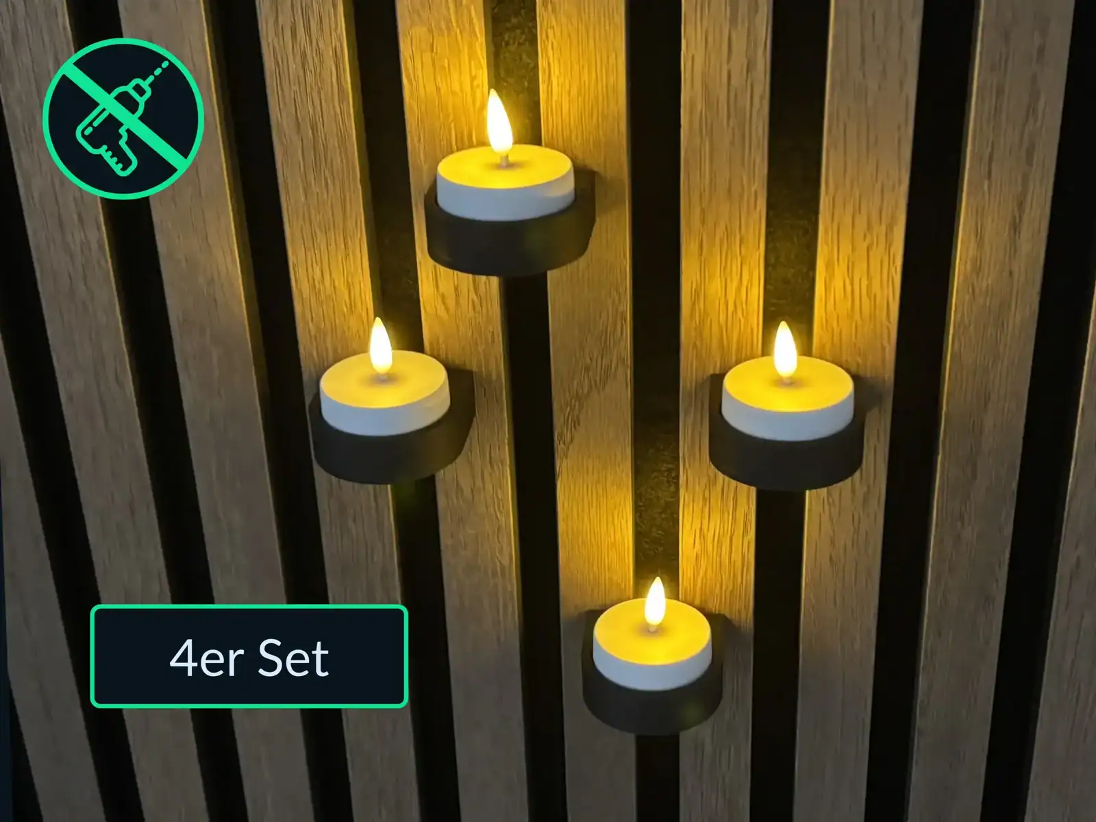 LED Teelichthalter 4er Set an Akustikpaneele montiert mit warmem Licht