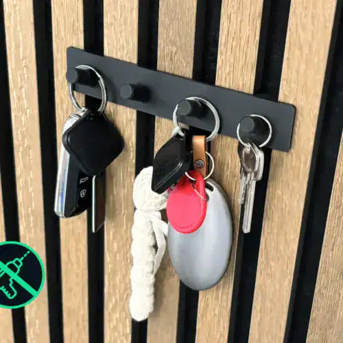 Schluesselbrett mit Rundhaken und Schluesseln an Akustikpaneele